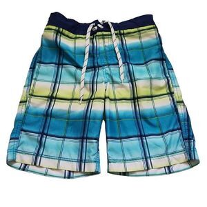 Children's Place Boys Blue & Green Plaid Swim Trunks - Size 10/12